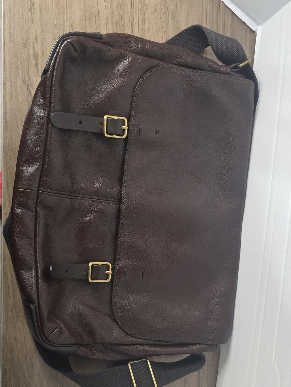 Fossil Dark Brown Leather Messenger Bag with Brass Buckles